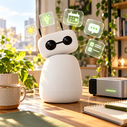 Reachy Mini on a desk with holographic helper icons